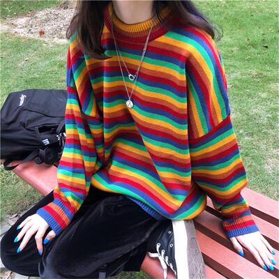 Female Korean Harajuku Hong Kong-flavored Loose Striped Swea