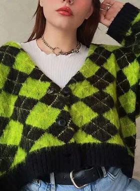 Vintage argyle knitted cardigans women sweaters kawaii mohai