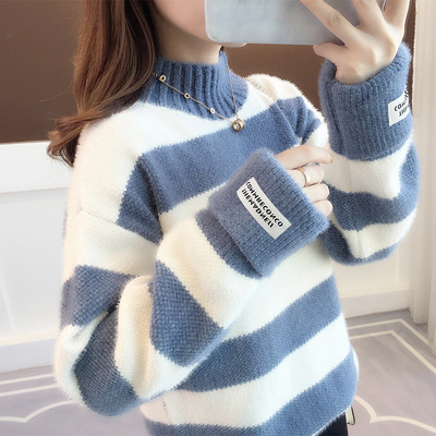 Sweater Women Turtleneck Pullover Jumper Stripe Thick Sweate