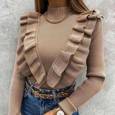 Mock Neck Ruffles Women's Knitted Sweater Long Sleeve Solid