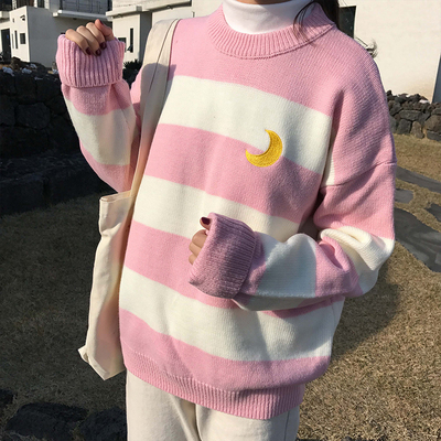 Women's Sweaters Kawaii Ulzzang College Candy Color Stripes