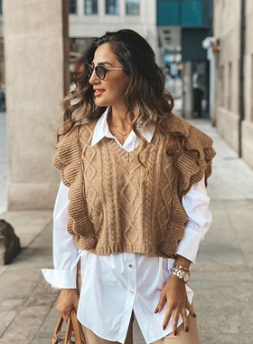 2021 New Women Cable-Knit Vest Sweater V-neck waistcoat Ruff
