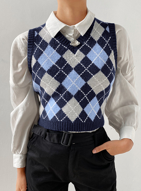 2020 Korean Style  V-neck Vintage Geometric Argyle  Short Wa