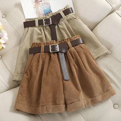 Corduroy Rolled Wide-leg Short For Women Korean Retro Elasti