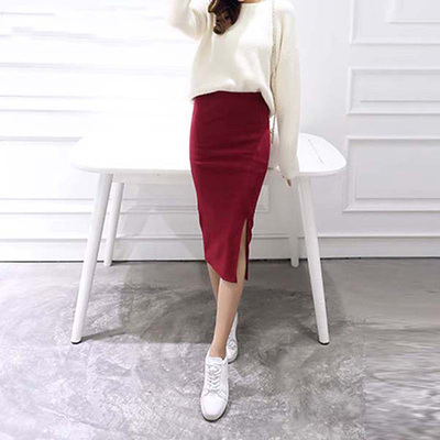 Autumn Winter Bodycon Skirt Women Stretchable Split Skirt Mi