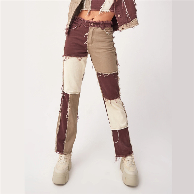Autumn Patchwork High Waist Straight Denim Pants Women Casua