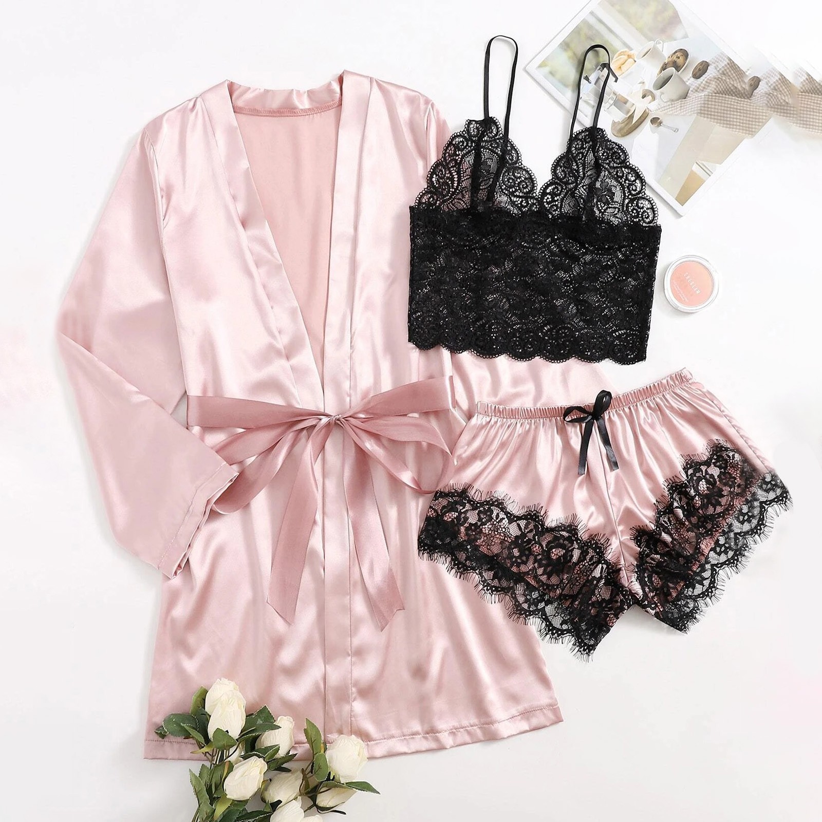 Satin Silk Ladies Pajama Set Robes Sexy V-neck Lace Backless