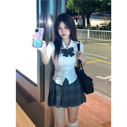 纯欲辣妹jk制服正版原创收腰学院风格裙百褶裙修身套装白色衬衫