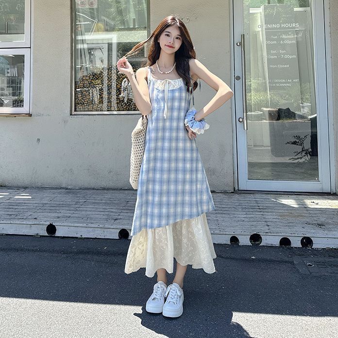 蕾丝拼接格子吊带裙连衣裙女2025夏季新款清新宽松显瘦假两件