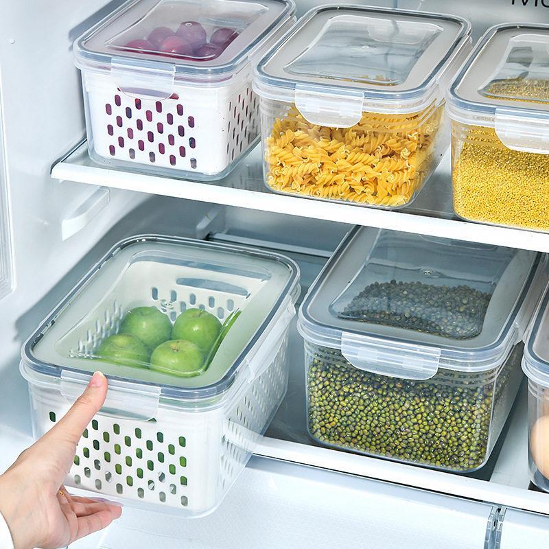 塑料保鲜盒三件套装可微波食物收纳盒厨房冰箱专用果蔬沥水保鲜盒图片