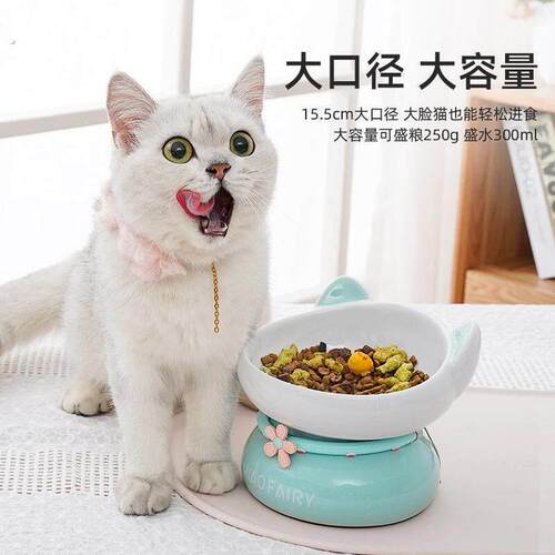 【价保】猫碗陶瓷斜口大口径保护颈椎防打翻猫狗食盆号高脚
