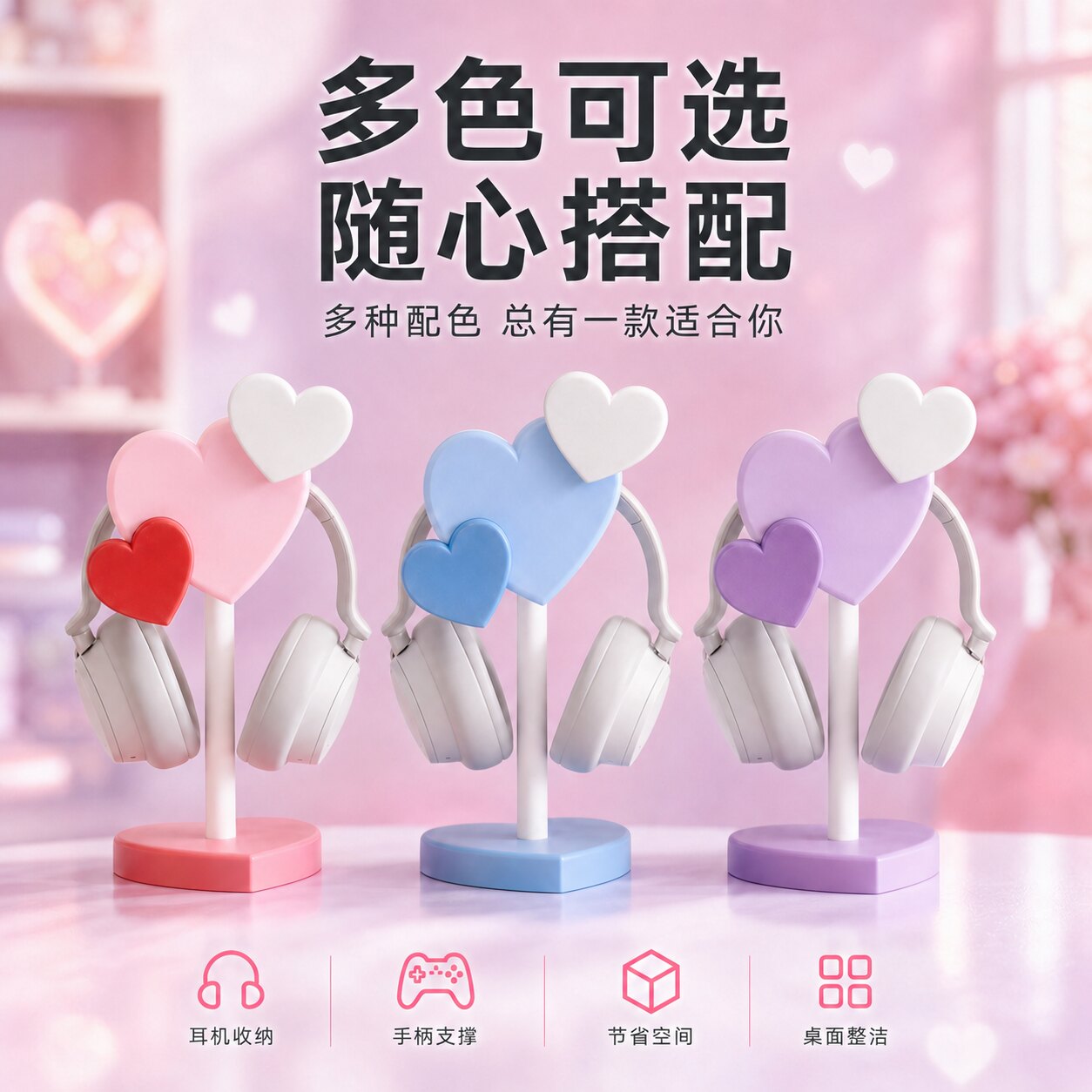 可爱心形耳机支架桌面装饰收纳神器少女心电竞房头戴式耳机挂架图片