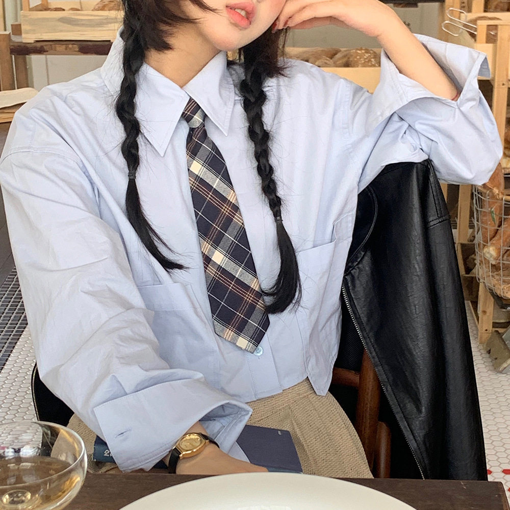 青春气息开学季减龄百搭领结短款长袖衬衫韩版女装新款