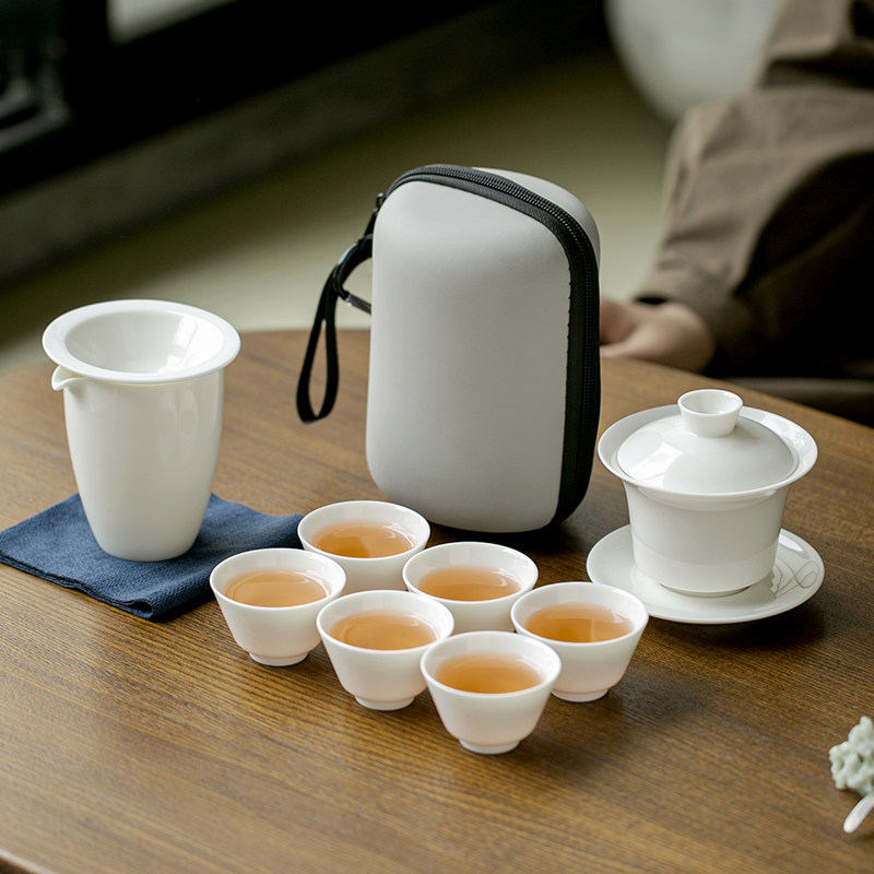 德化白瓷旅行茶具套组可携式快客杯羊脂玉泡茶盖碗收纳包户外旅游