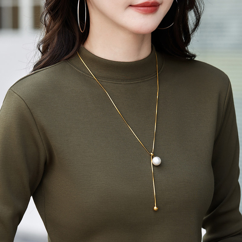 春秋新款纯色半高领加绒加厚打底衫女大码保暖内搭t恤衫百搭上衣