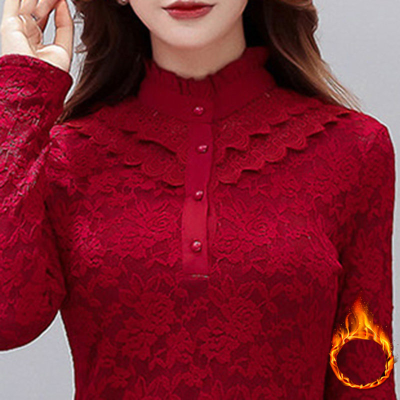 半高领蕾丝长袖打底衫女秋冬修身大码加绒加厚中年妈妈保暖t恤衫