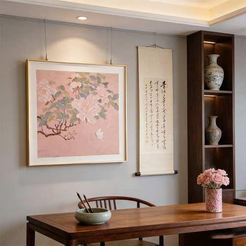 粉色牡丹海棠花白蝴蝶国风客厅装饰画新中式高级卧室书房挂画