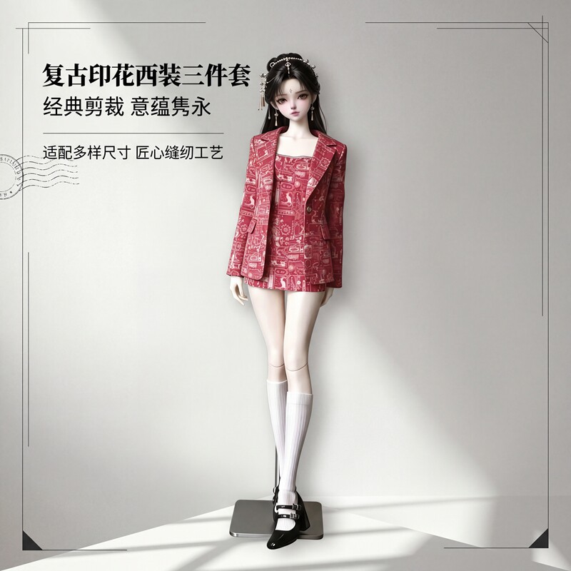 BJD女娃复古印花西装两件套