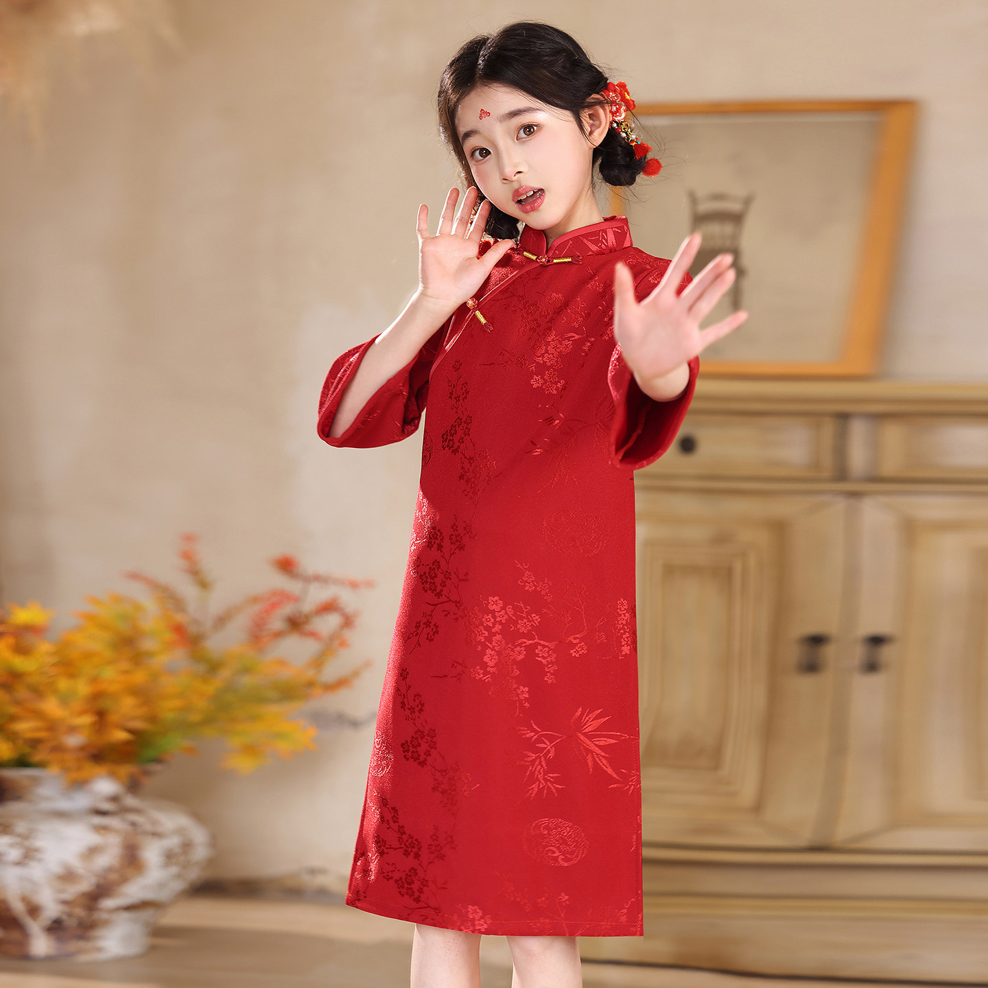 新中式红色旗袍女童中国风改良连衣裙演出服立领盘扣女童装服饰