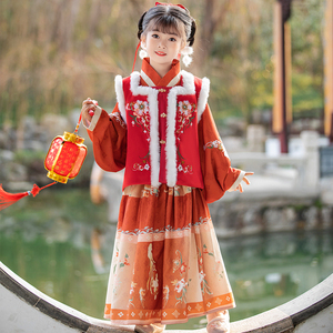 女童汉服冬季加厚拜年服红色过年服装中国风古装女孩儿童唐装高端