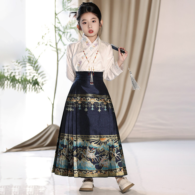 高档儿童古装女童织金马面裙套装汉服白衬衫藏青裙子国风上衣春装图片