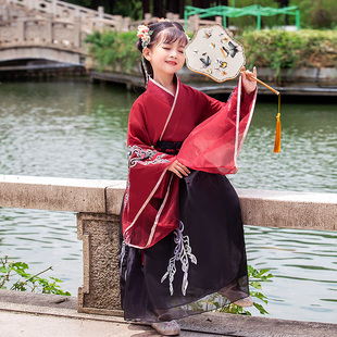 女童汉服仙气女侠古装cos服春秋儿童唐装演出服男飘逸连衣裙红色