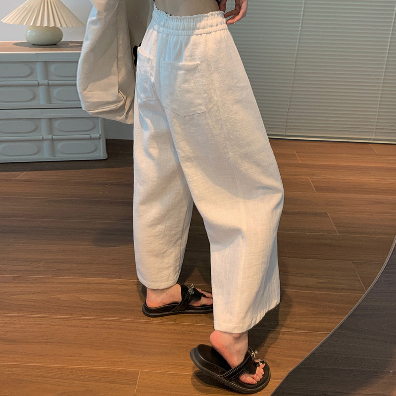 白色阔腿裤女春秋高腰垂感休闲苎麻棉麻花苞裤夏直筒亚麻九分裤子