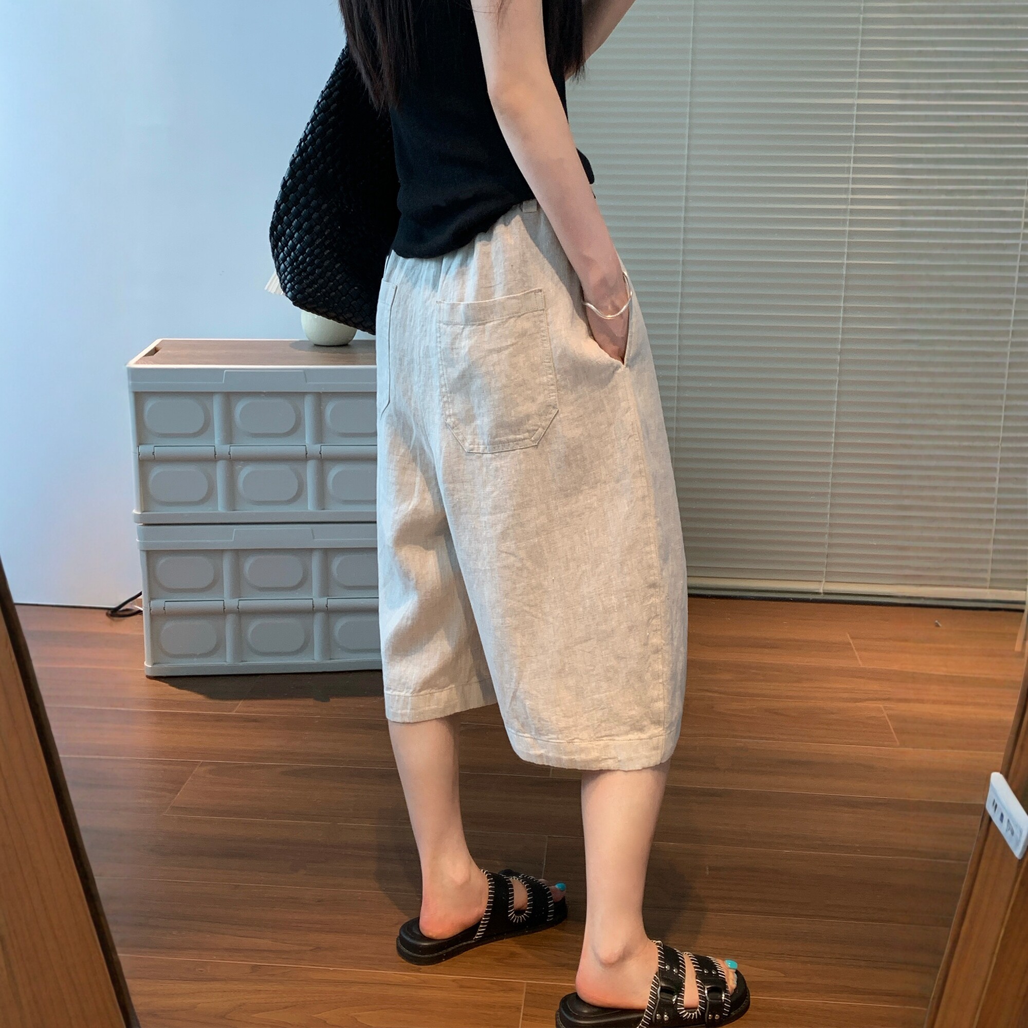 老钱风亚麻七分裤女夏季薄款中裤松弛感休闲花苞裤子显瘦阔腿裤