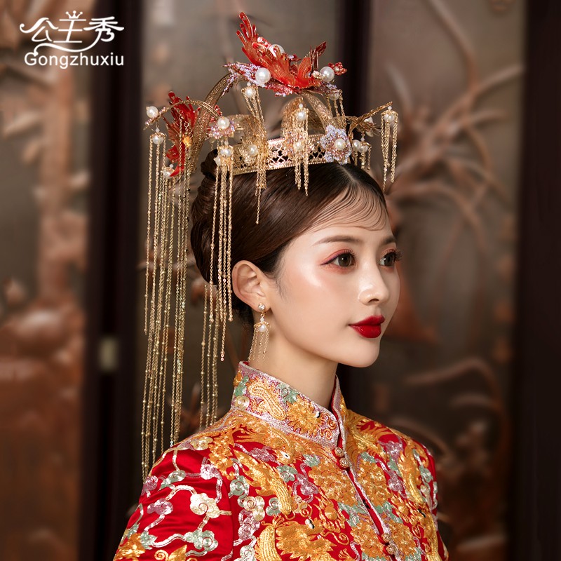 中式流苏秀禾服凤冠宫廷新娘秀禾头饰红色古装奢华大气皇后大婚礼