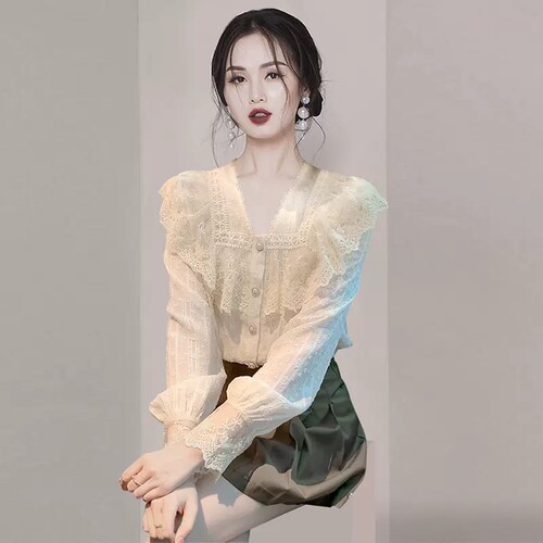 慵懒风女人味法式复古蕾丝衬衫女