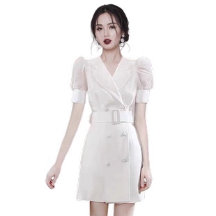 西装连衣裙女白色2025夏季新款法式职业修身显瘦泡泡袖双排扣裙子