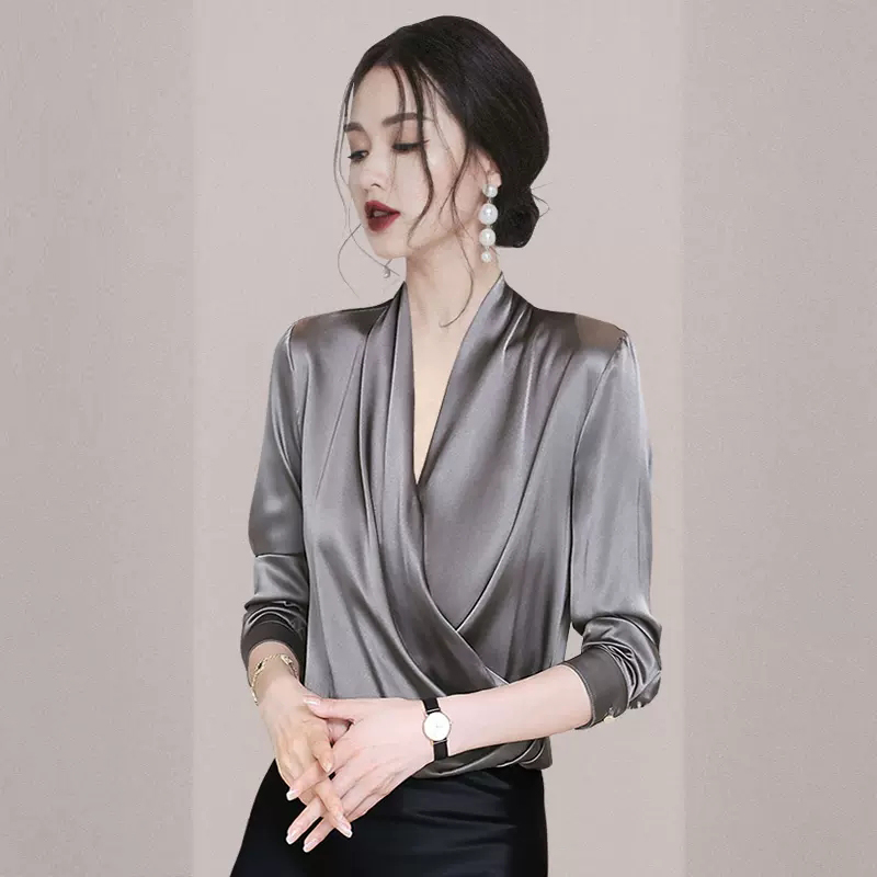 轻熟风气质醋酸缎面衬衫女高级感