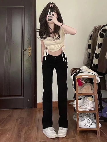 Черные цветные прямые свободные джинсы, весенние осенние приталенные штаны, высокая талия, 2025 года, подходит для подростков