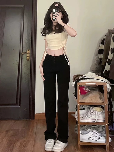 Черные цветные прямые свободные джинсы, весенние осенние приталенные штаны, высокая талия, 2025 года, подходит для подростков