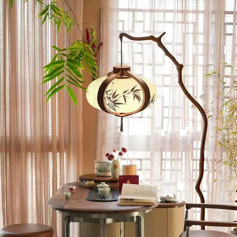 宋代美学竹叶绘画实木灯笼落地灯客厅沙发旁边茶室休闲房间钩鱼灯