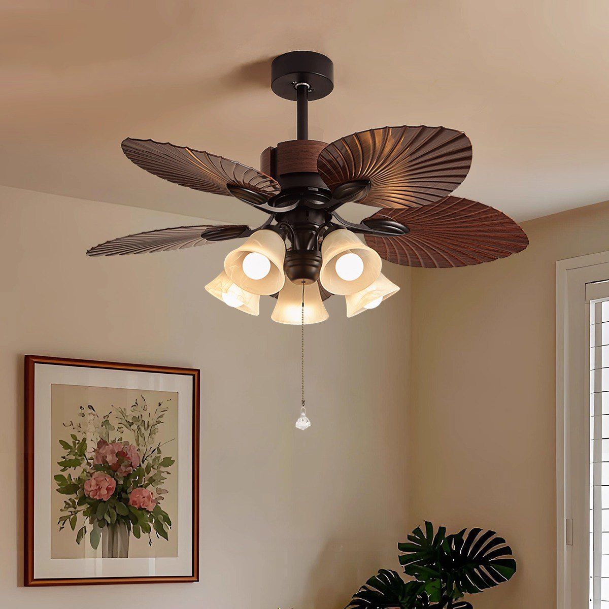 法式中古风扇灯大风力东南亚南洋芭蕉叶家用客厅餐厅复古风扇吊灯