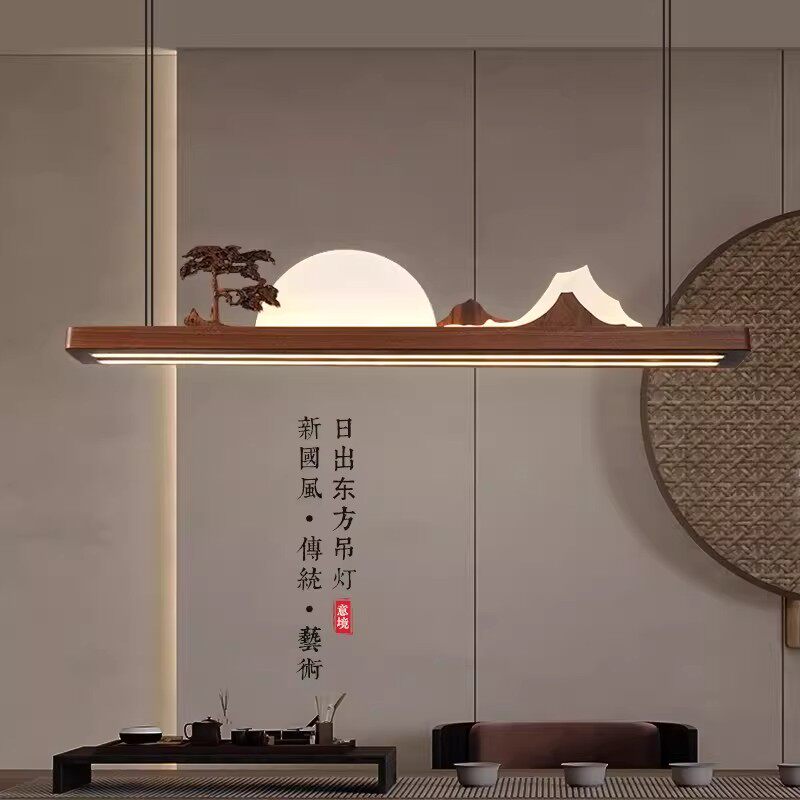 新中式茶室吊灯实木餐厅灯中国风禅意茶台吧台书房办公室长条灯具