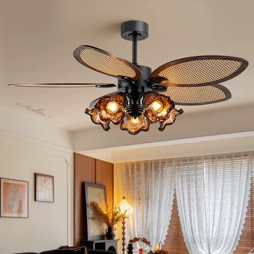 复古风扇灯餐厅客厅东南亚棕榈叶吊扇灯工业风木叶带电风扇的吊灯