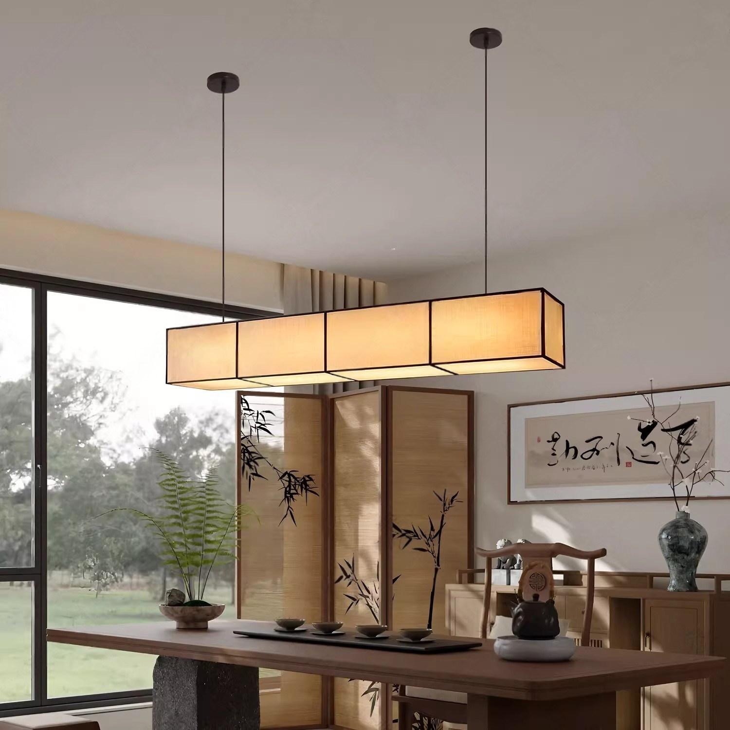 新中式餐厅吊灯长条形布艺灯罩宋代美学长桌茶室设计师款装饰灯具