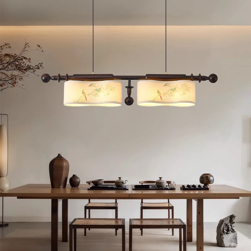 宋代美学餐厅吊灯新中式国风禅意实木印花茶室吧台书房一字长条灯