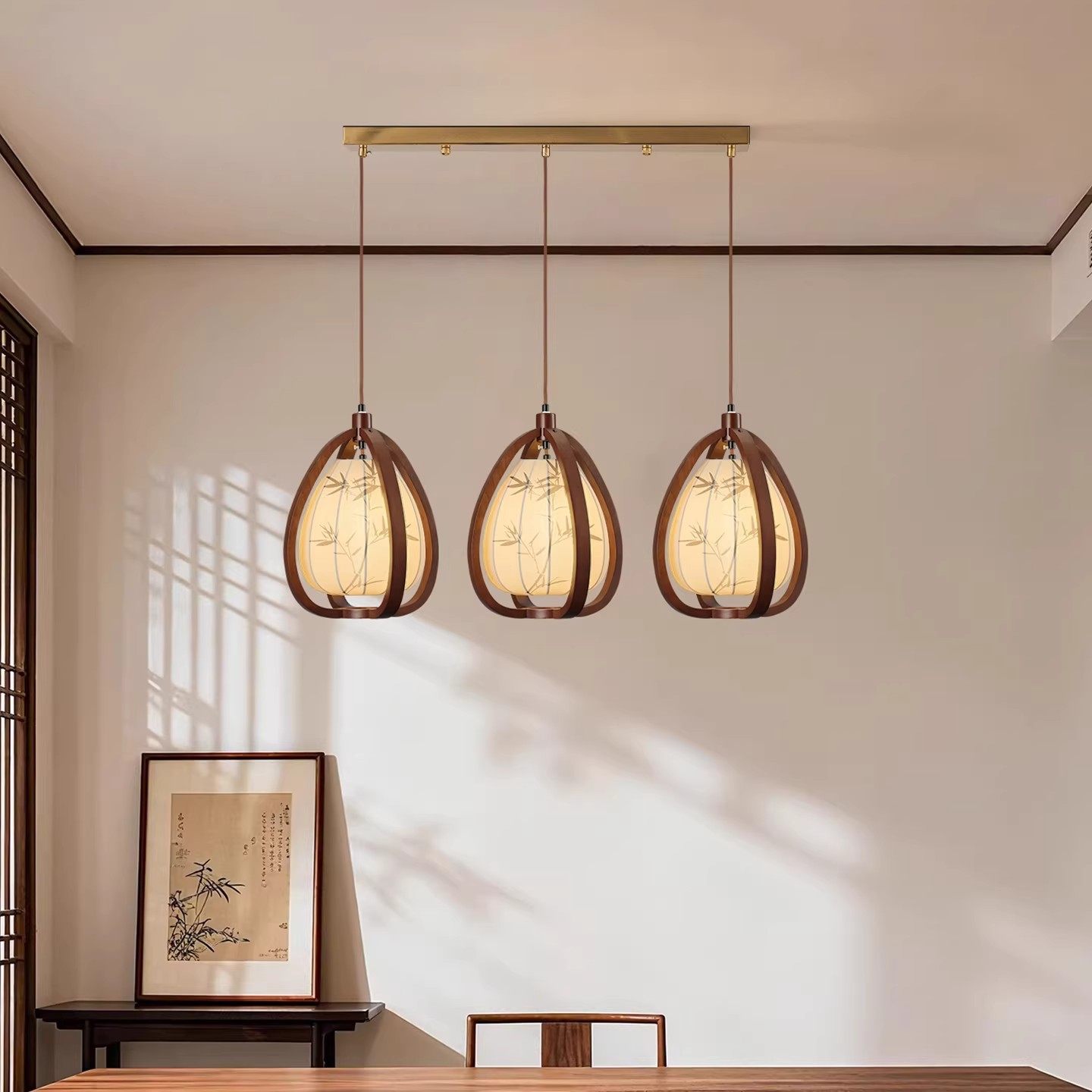 宋代美学三头长盘吊灯中古风竹叶水墨画东方禅意茶室餐厅吊线灯,家装灯饰光源,餐厅吊灯,淘宝优惠券,粉丝福利购,淘宝优惠卷