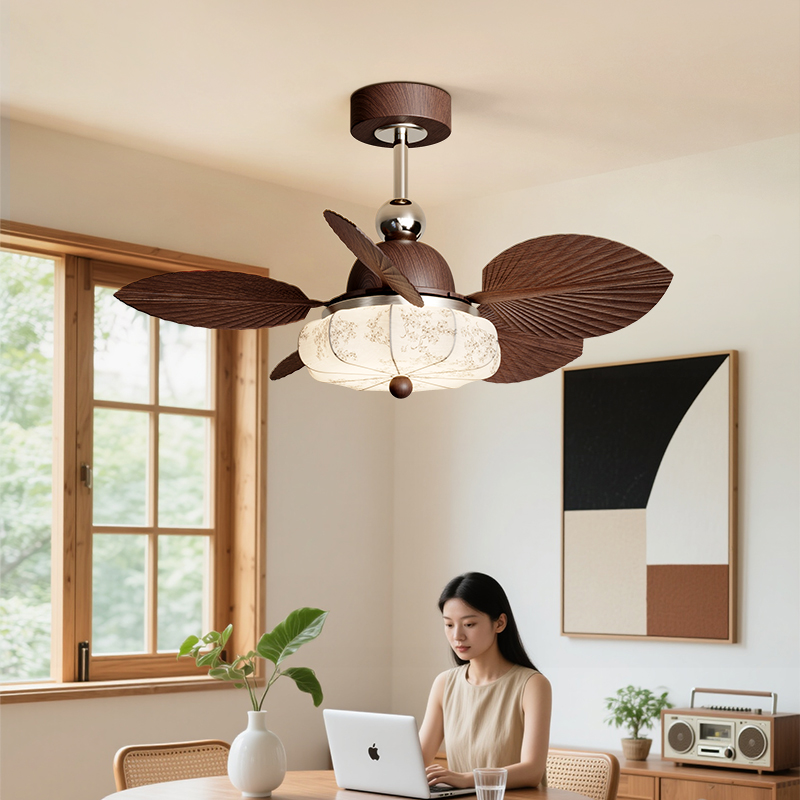 宋式美学中古风扇灯复古胡桃木色高级感大风力卧室餐厅一体吊扇灯