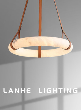 法式轻奢客厅仿云石吊灯现代简约大气圆环别墅复式楼皮革不锈钢灯