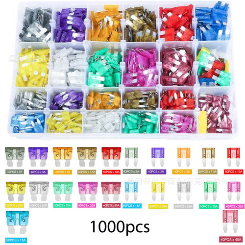 跨境供应 1000pcs 盒装中小号汽车保险片+小夹子组合 插片保险丝