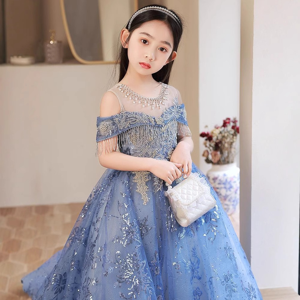 儿童晚礼服女童公主裙蓬蓬纱花童重工拖尾T台主持人钢琴演出服