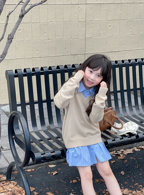 NONO CHILD 女童秋冬学院风V领针织套头毛衣/蓝色衬衫连衣裙