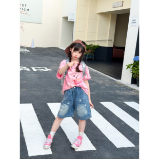 NONO CHILD 夏季女童休闲时髦感牛仔五分裤星星印花宽松短裤