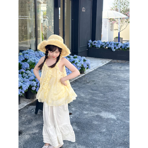 夏季女童法式甜美花边阔腿裤