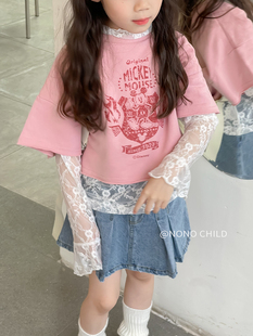 NONO CHILD 春夏新款女童休闲蕾丝打底衫短袖T恤两件套