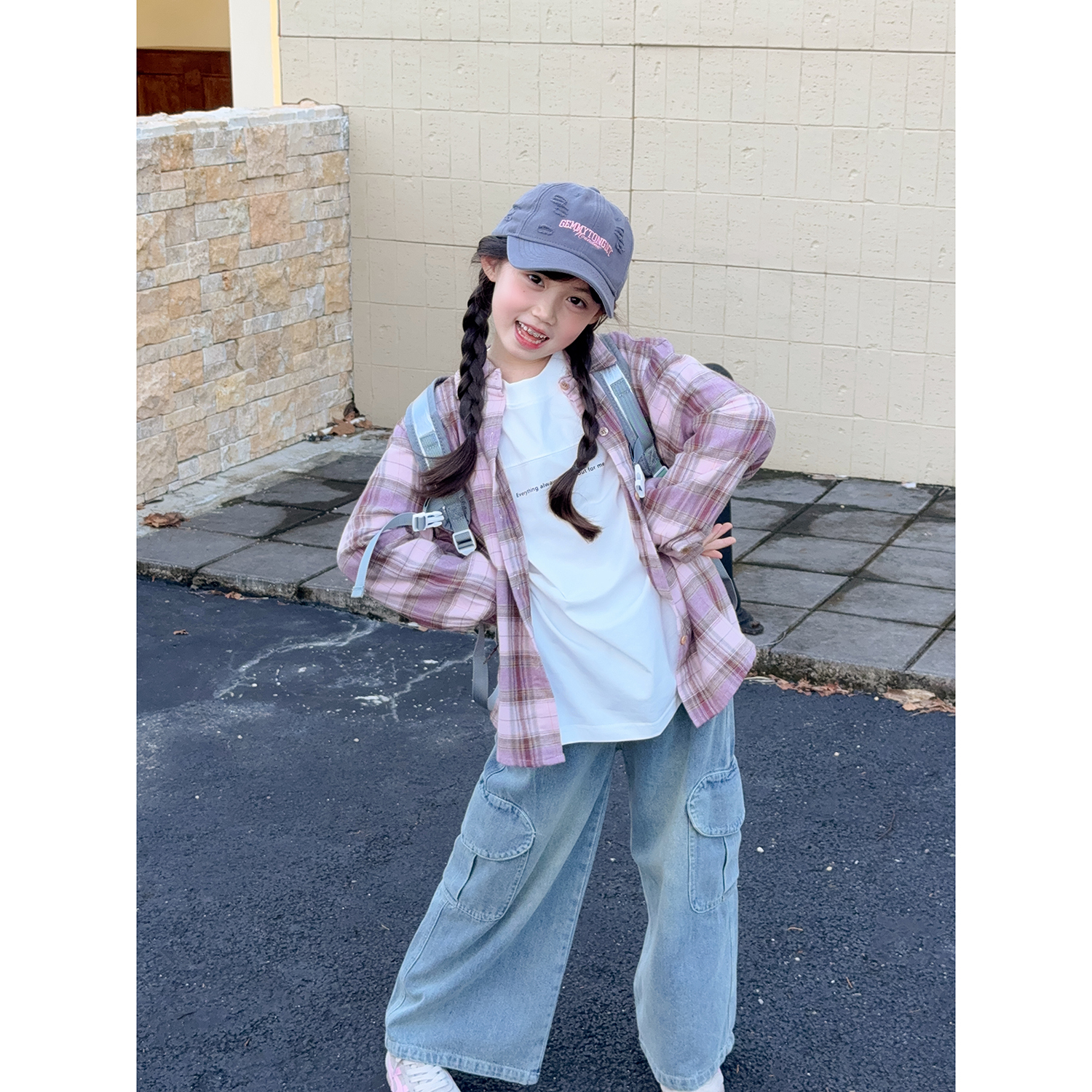 NONO CHILD秋季女童新款时尚休闲格子衬衫百搭长袖上衣